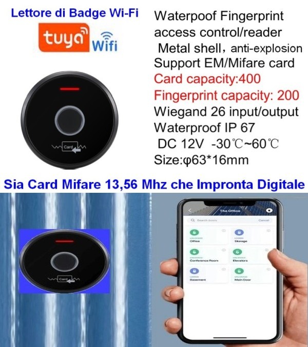 Lettore di Badge Wifi NFC Mifare senza Fili e Impronte Digitali